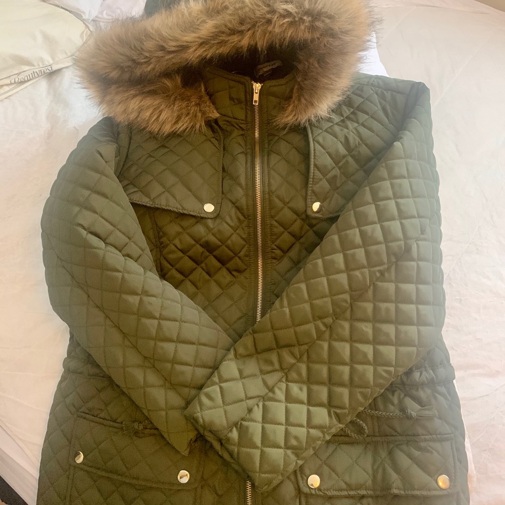 Olive green winter jacket with hoodie